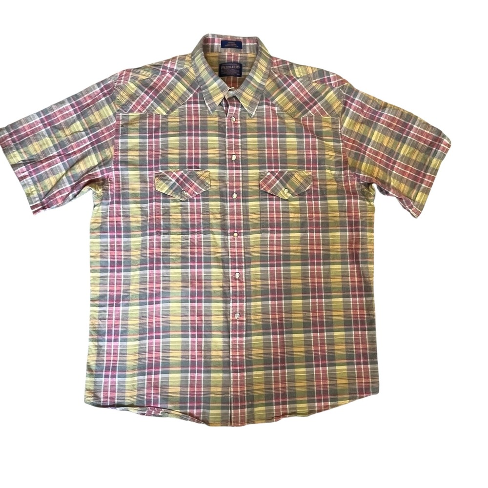 Vintage Pendleton Mens XL Short Sleeve Western Plaid Pearl Snap‎ Cotton Shirt